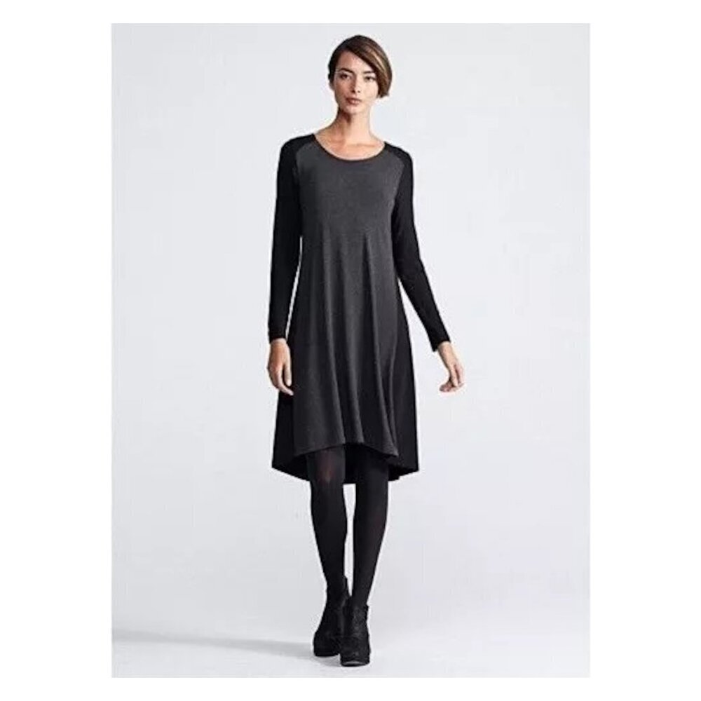 EILEEN FISHER Charcoal Black Soft V-Neck Jersey Colorblock Dress
